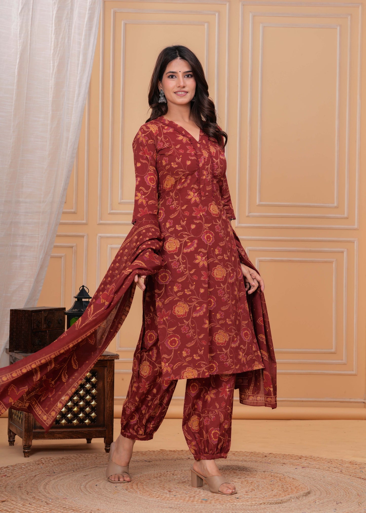 Maroon Printed Straight Kurta Set With Dupatta for Women | LASVINI - Redefining Indian Fashion with Elegance