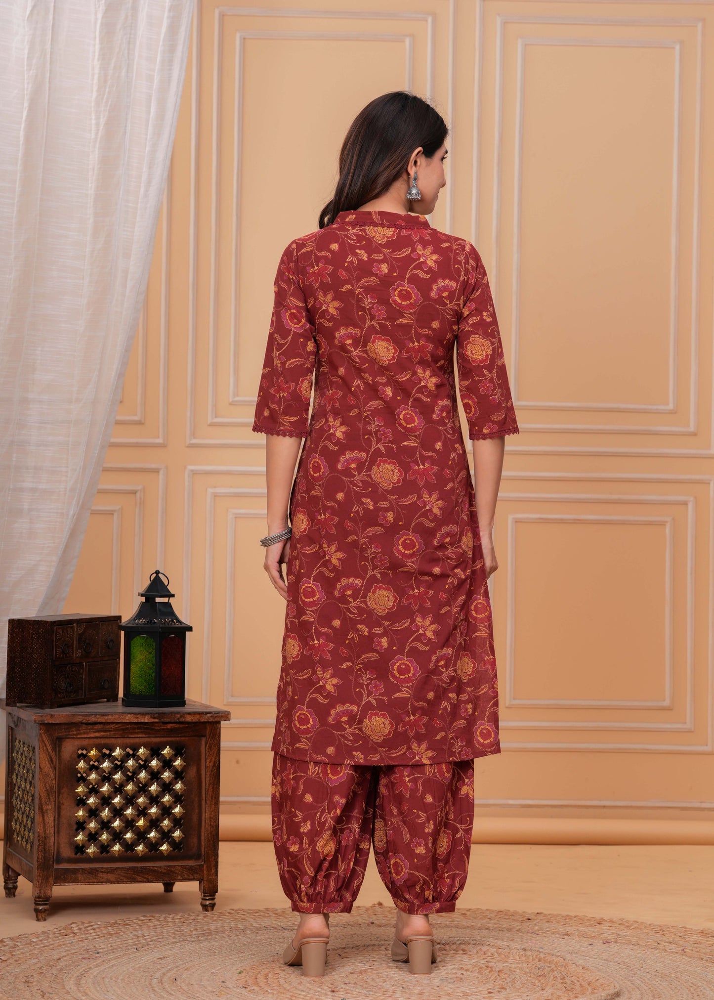 Maroon Printed Straight Kurta Set With Dupatta for Women | LASVINI - Redefining Indian Fashion with Elegance