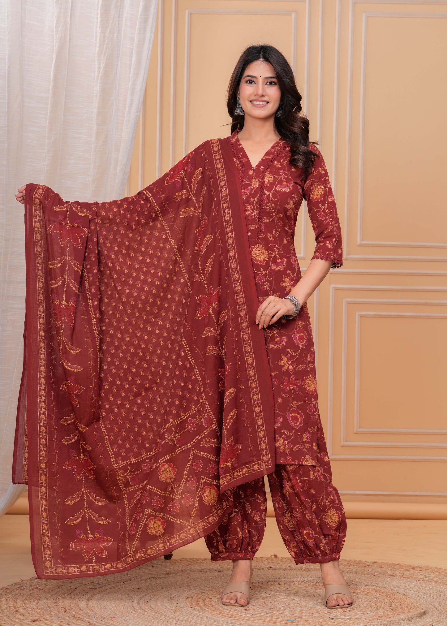 Maroon Printed Straight Kurta Set With Dupatta for Women | LASVINI - Redefining Indian Fashion with Elegance