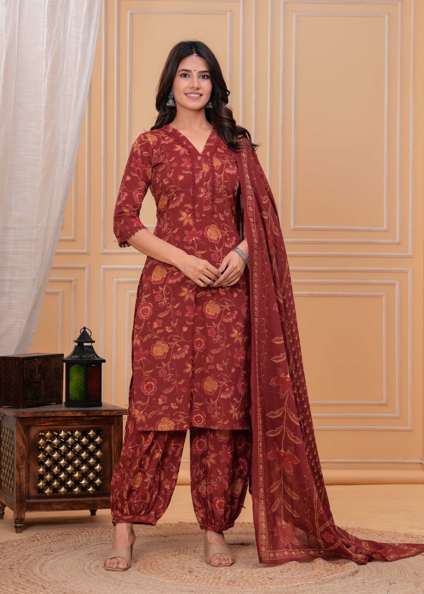 Maroon Printed Straight Kurta Set With Dupatta for Women | LASVINI - Redefining Indian Fashion with Elegance