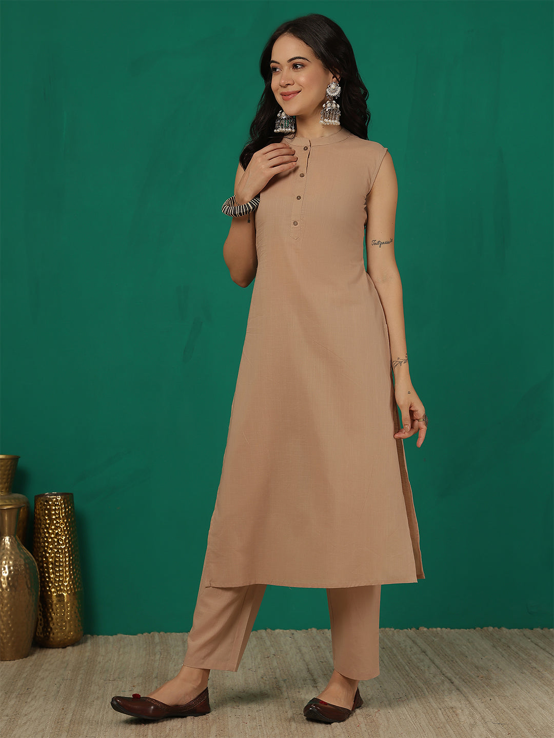 Beige Solid Kurta Set for Women | LASVINI - Redefining Indian Fashion with Elegance