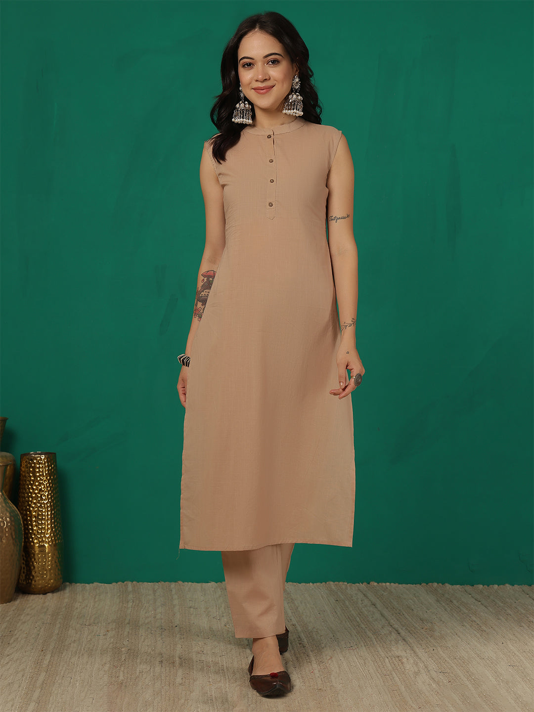 Beige Solid Kurta Set for Women | LASVINI - Redefining Indian Fashion with Elegance
