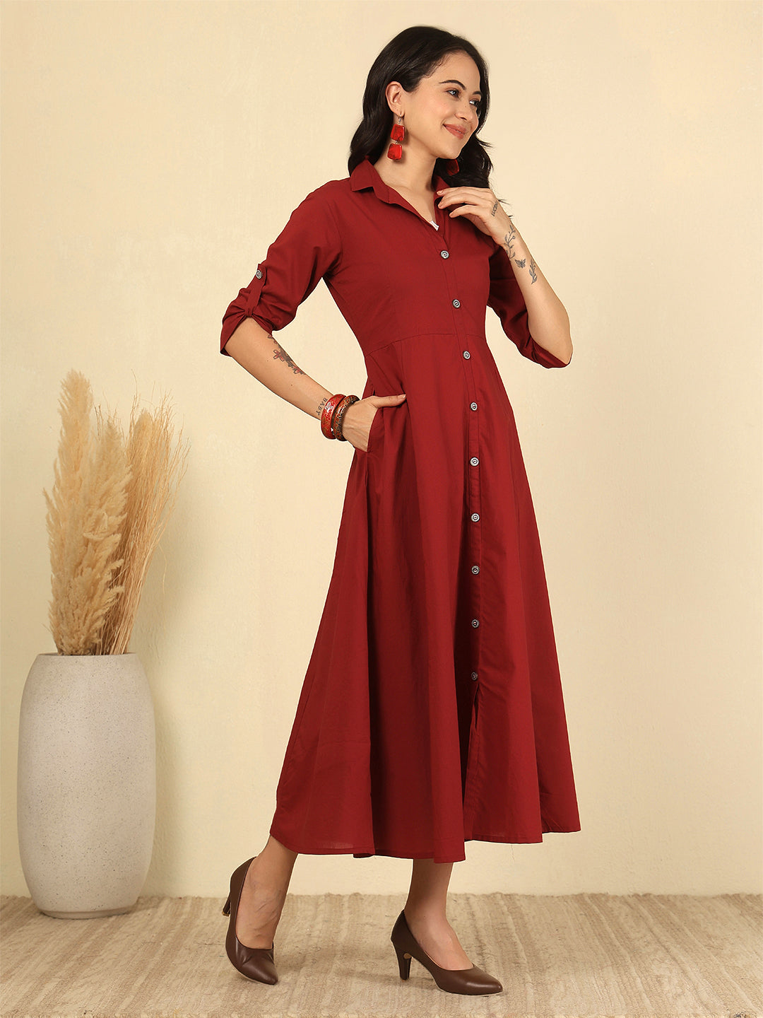 Maroon Solid Casual Wear Dress for Women | LASVINI - Redefining Indian Fashion with Elegance