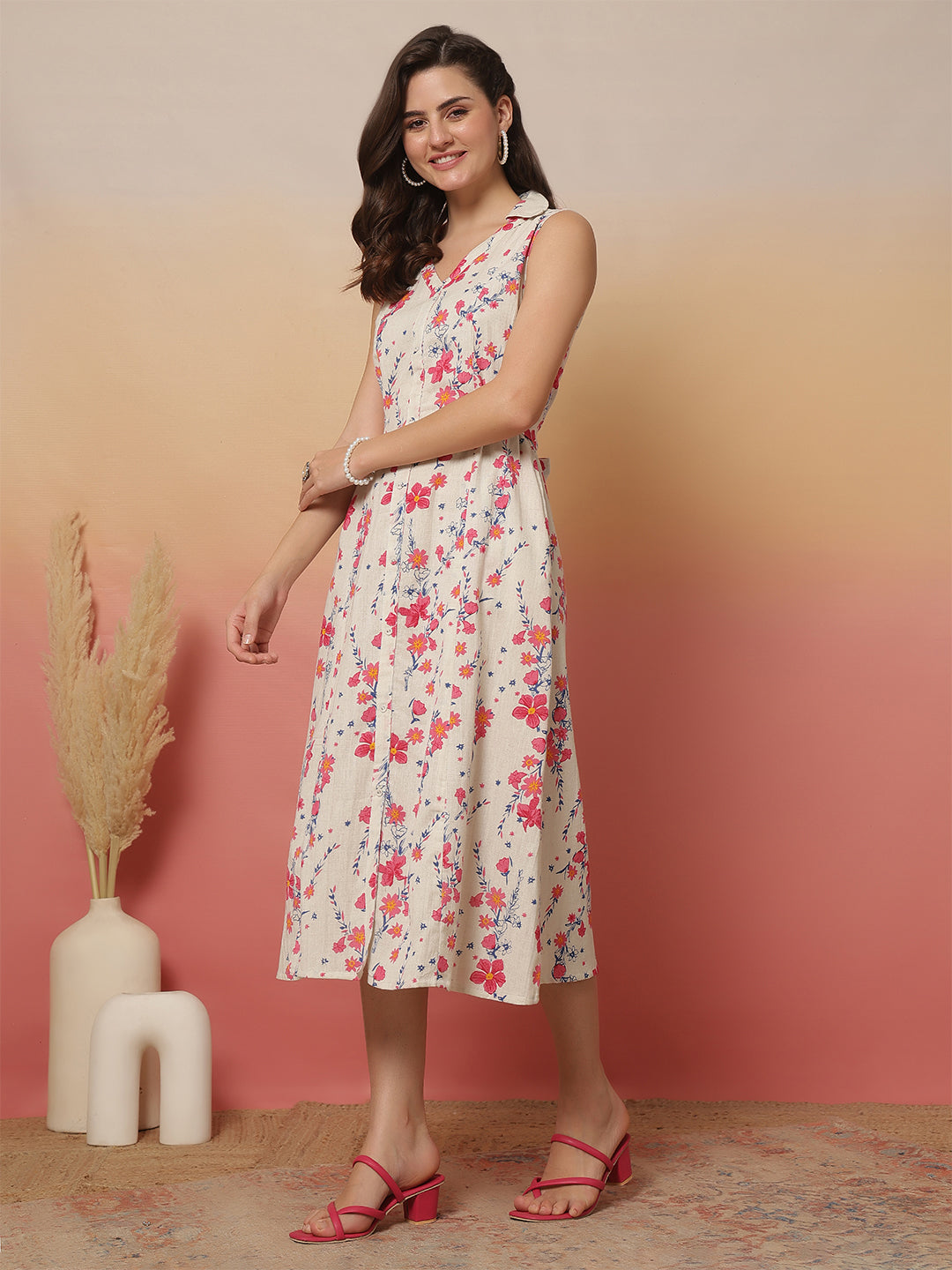 White Printed Notched Collar Dress for Women | LASVINI - Redefining Indian Fashion with Elegance