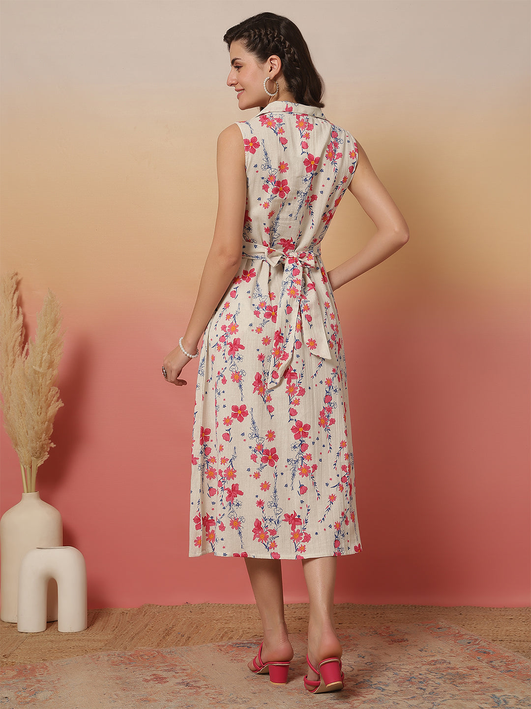 White Printed Notched Collar Dress for Women | LASVINI - Redefining Indian Fashion with Elegance