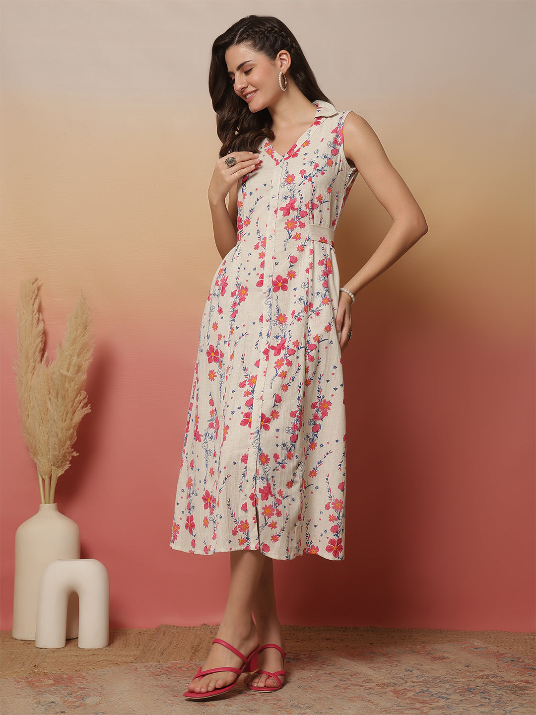 White Printed Notched Collar Dress for Women | LASVINI - Redefining Indian Fashion with Elegance