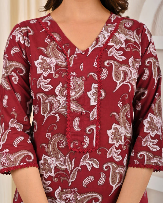 Burgundy Printed Straight Kurta Set With Dupatta for Women | LASVINI - Redefining Indian Fashion with Elegance