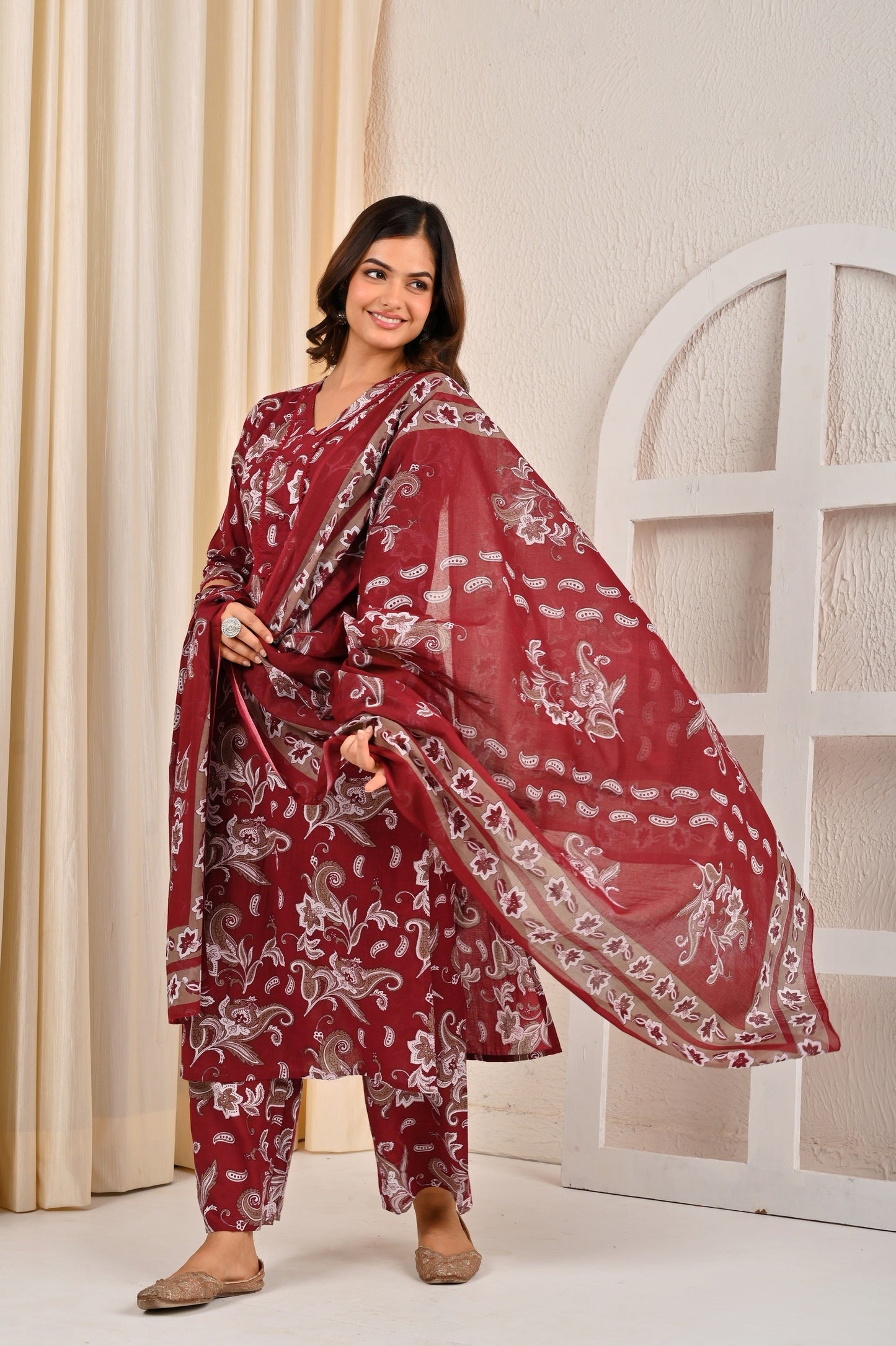 Burgundy Printed Straight Kurta Set With Dupatta for Women | LASVINI - Redefining Indian Fashion with Elegance