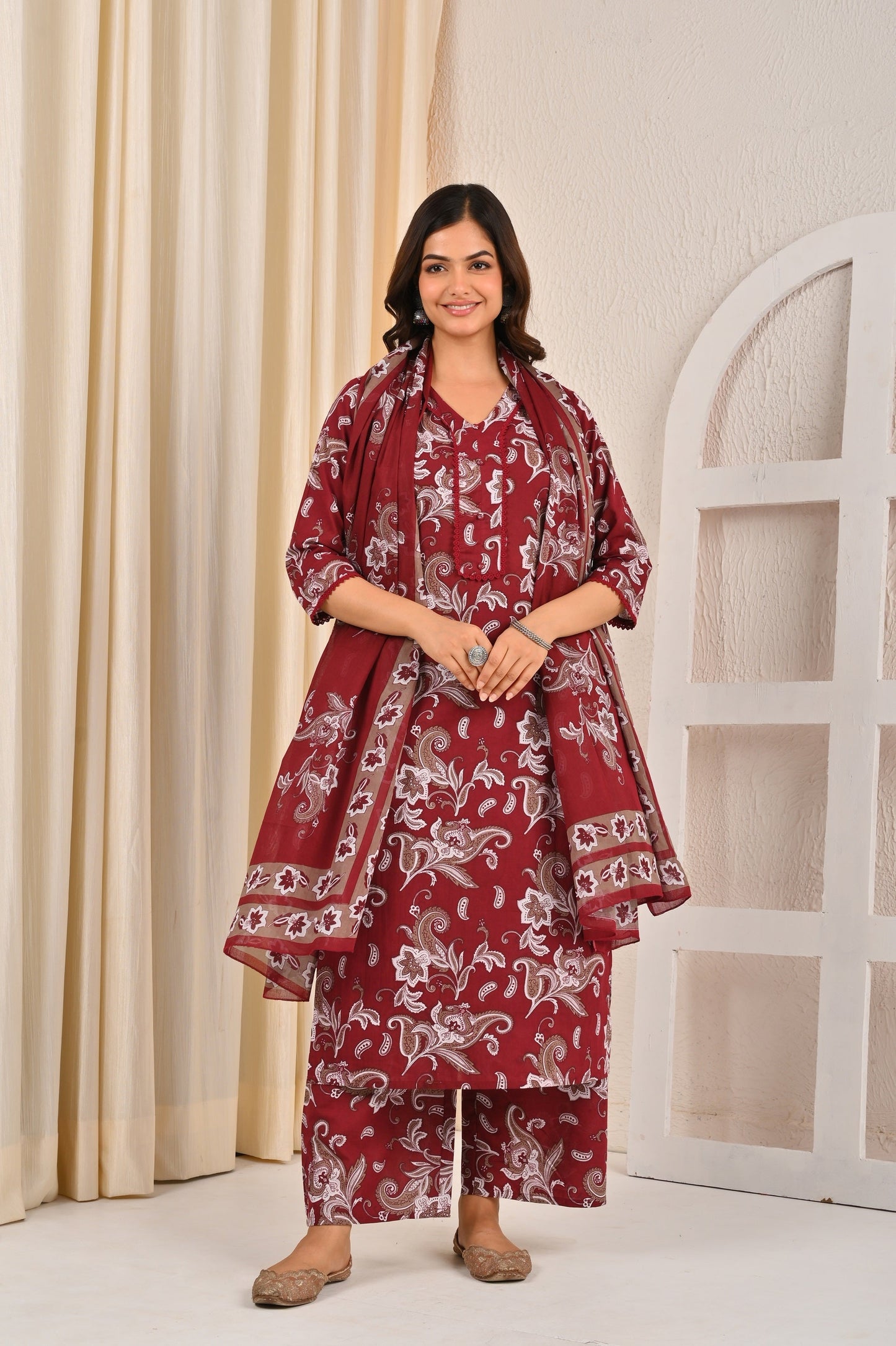 Burgundy Printed Straight Kurta Set With Dupatta for Women | LASVINI - Redefining Indian Fashion with Elegance