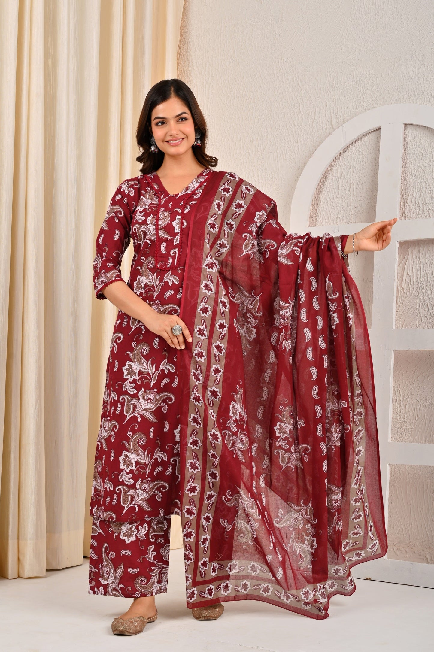 Burgundy Printed Straight Kurta Set With Dupatta for Women | LASVINI - Redefining Indian Fashion with Elegance