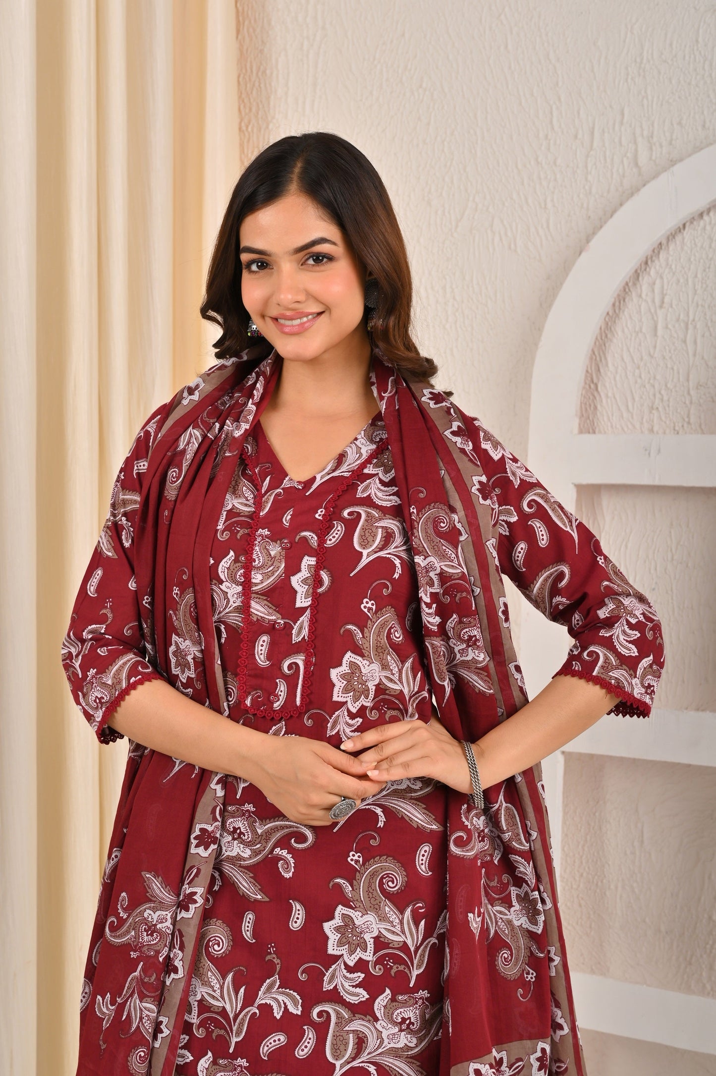 Burgundy Printed Straight Kurta Set With Dupatta for Women | LASVINI - Redefining Indian Fashion with Elegance
