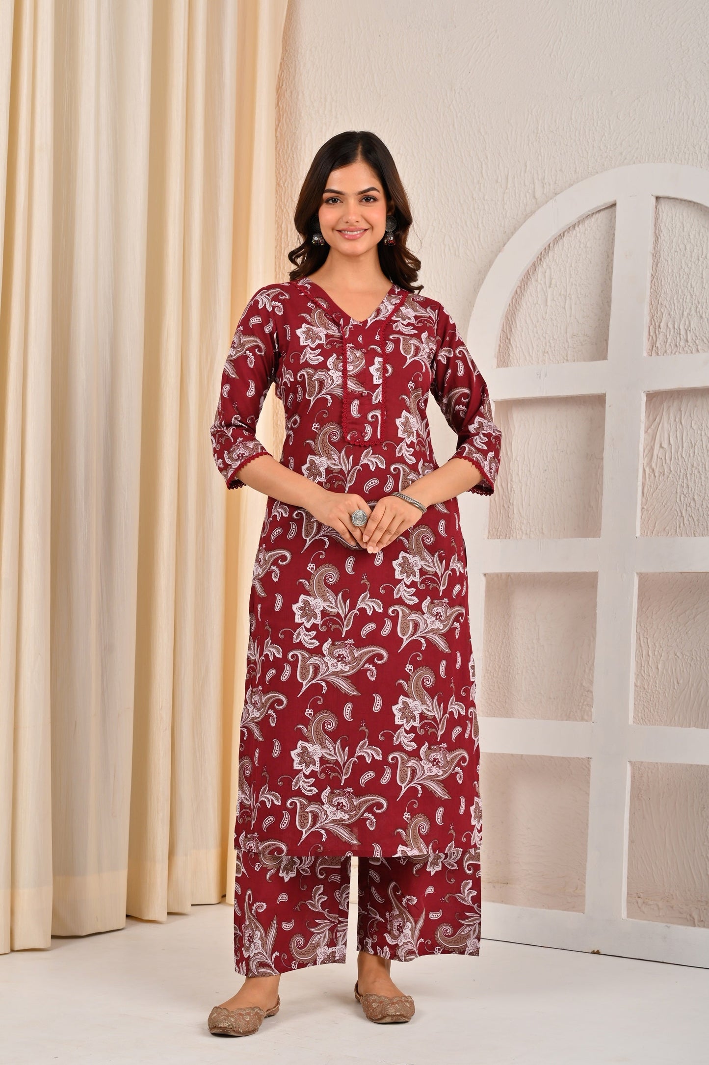 Burgundy Printed Straight Kurta Set With Dupatta for Women | LASVINI - Redefining Indian Fashion with Elegance