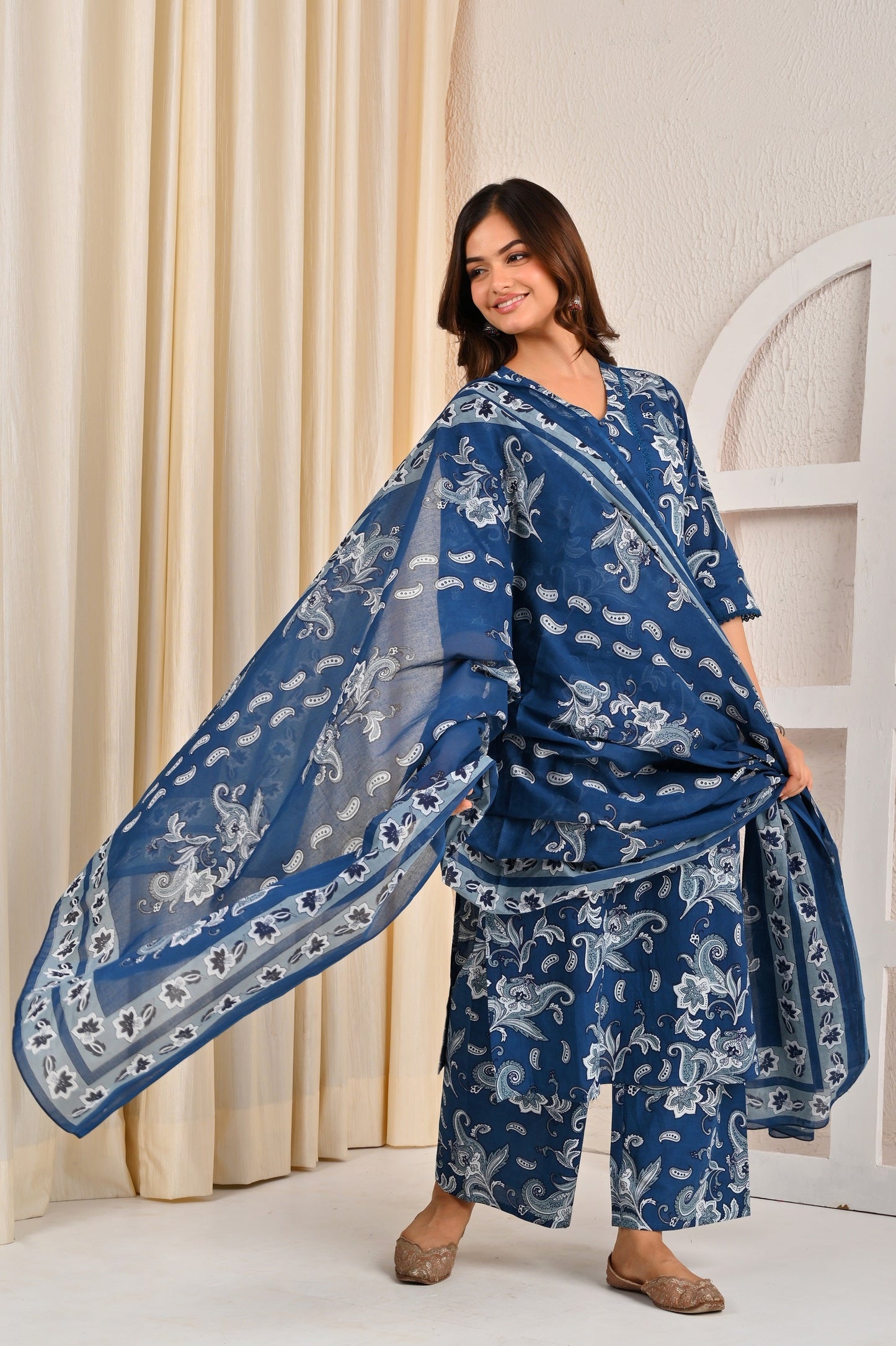 Blue Printed Straight Kurta Set With Dupatta for Women | LASVINI - Redefining Indian Fashion with Elegance