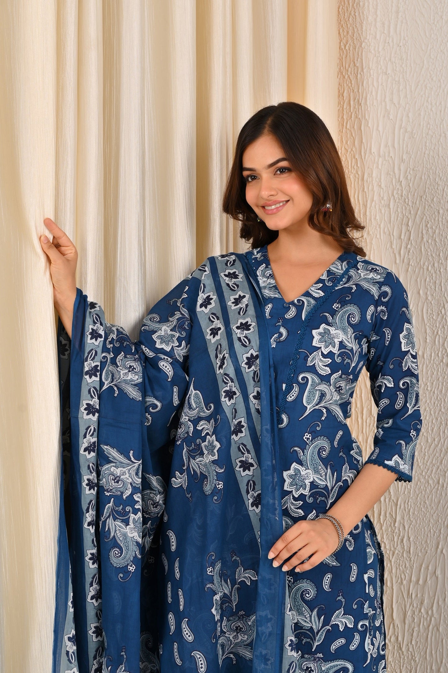 Blue Printed Straight Kurta Set With Dupatta for Women | LASVINI - Redefining Indian Fashion with Elegance