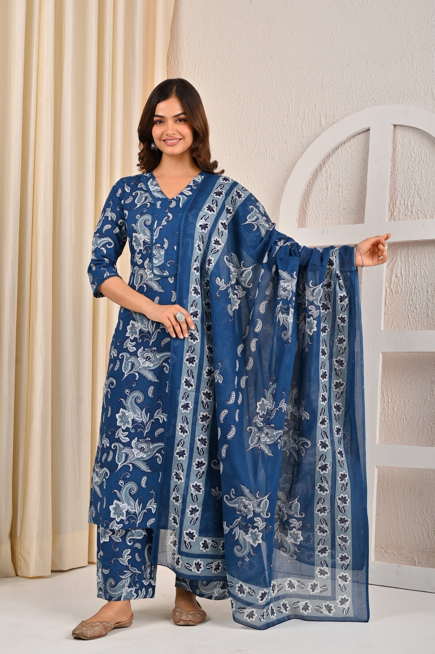 Blue Printed Straight Kurta Set With Dupatta for Women | LASVINI - Redefining Indian Fashion with Elegance