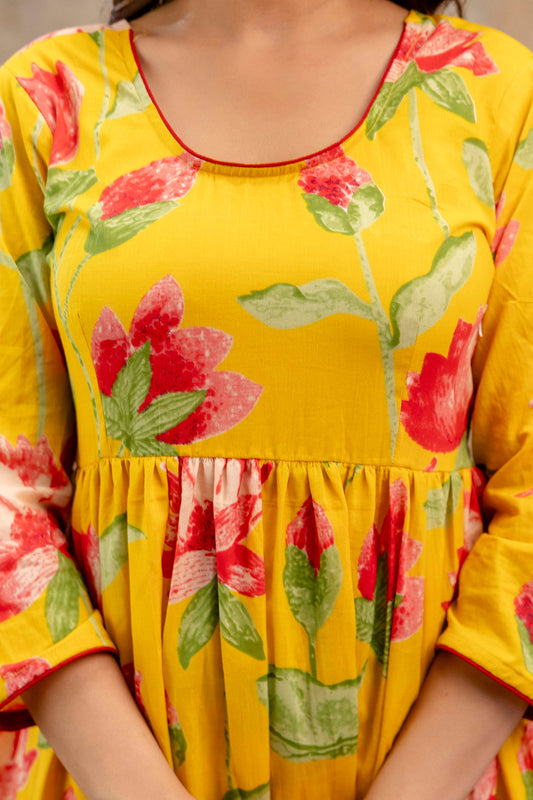 Yellow Floral Printed Kurta Set With Dupatta for Women | LASVINI - Redefining Indian Fashion with Elegance