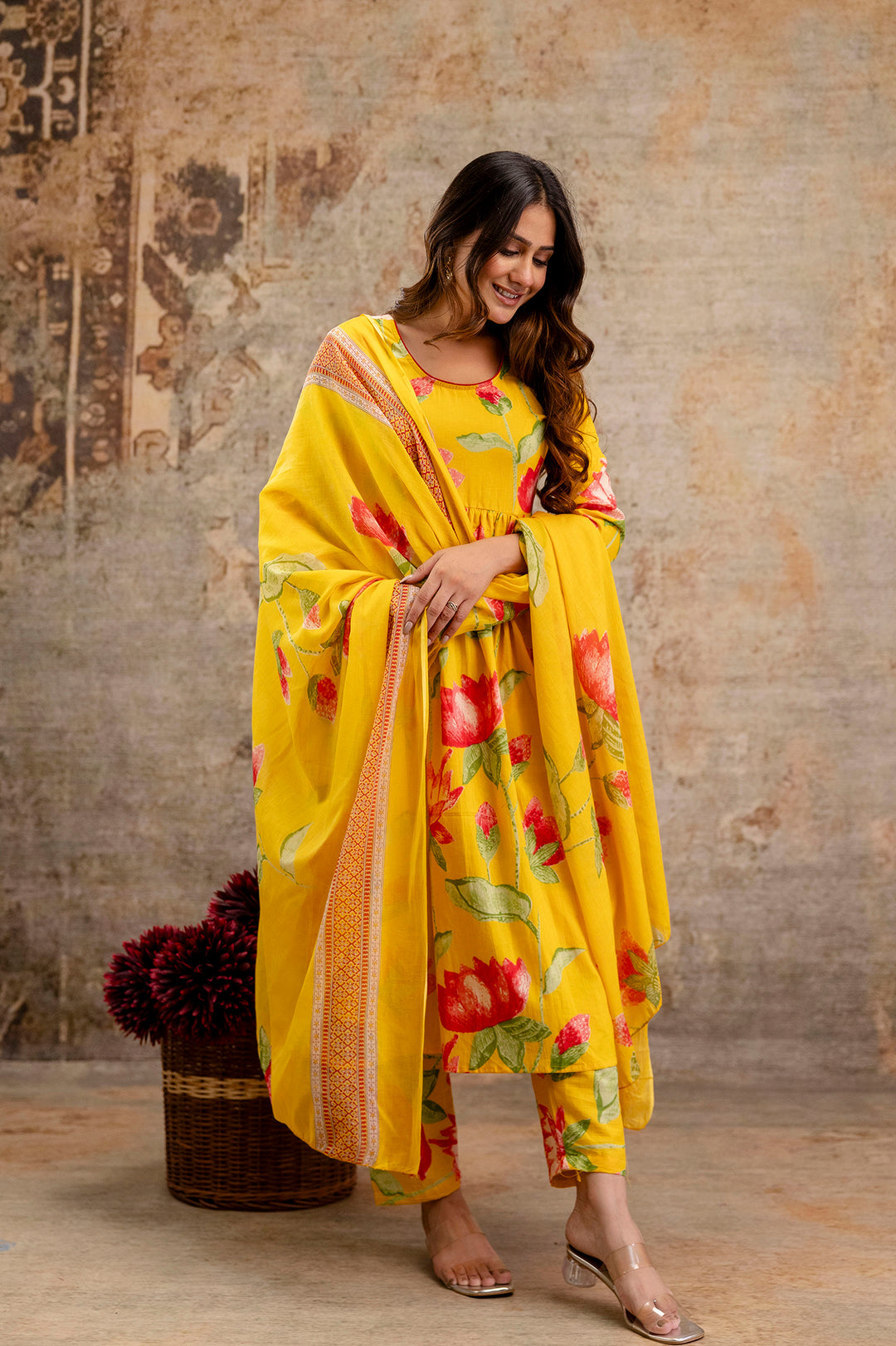Yellow Floral Printed Kurta Set With Dupatta for Women | LASVINI - Redefining Indian Fashion with Elegance
