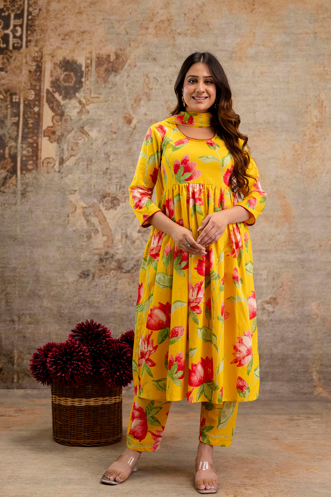 Yellow Floral Printed Kurta Set With Dupatta for Women | LASVINI - Redefining Indian Fashion with Elegance