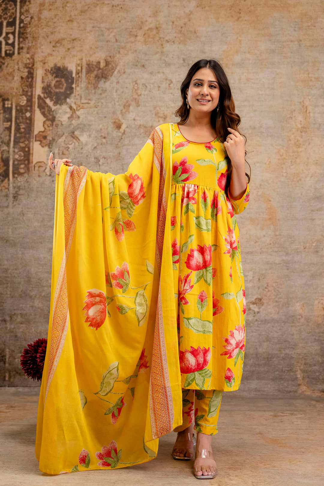 Yellow Floral Printed Kurta Set With Dupatta for Women | LASVINI - Redefining Indian Fashion with Elegance