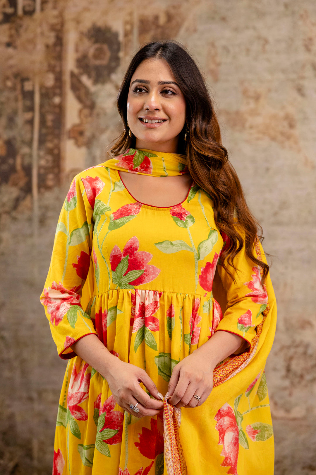 Yellow Floral Printed Kurta Set With Dupatta for Women | LASVINI - Redefining Indian Fashion with Elegance