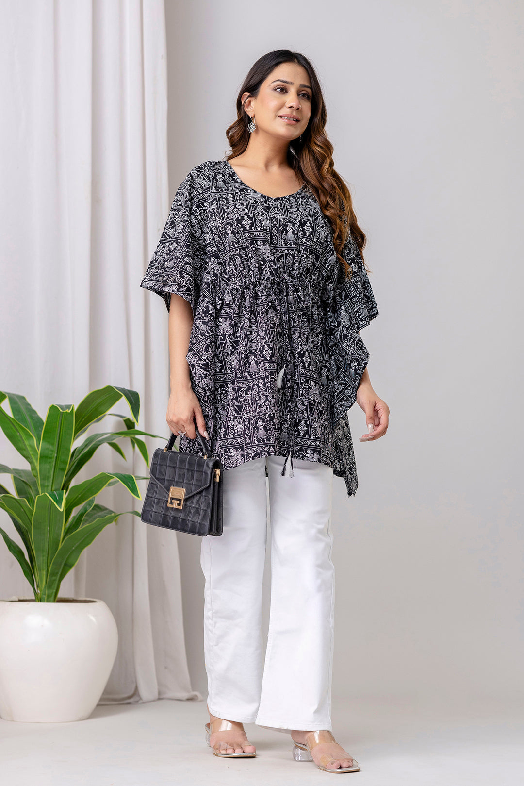 Black Printed Kaftan Kurta for Women | LASVINI - Redefining Indian Fashion with Elegance