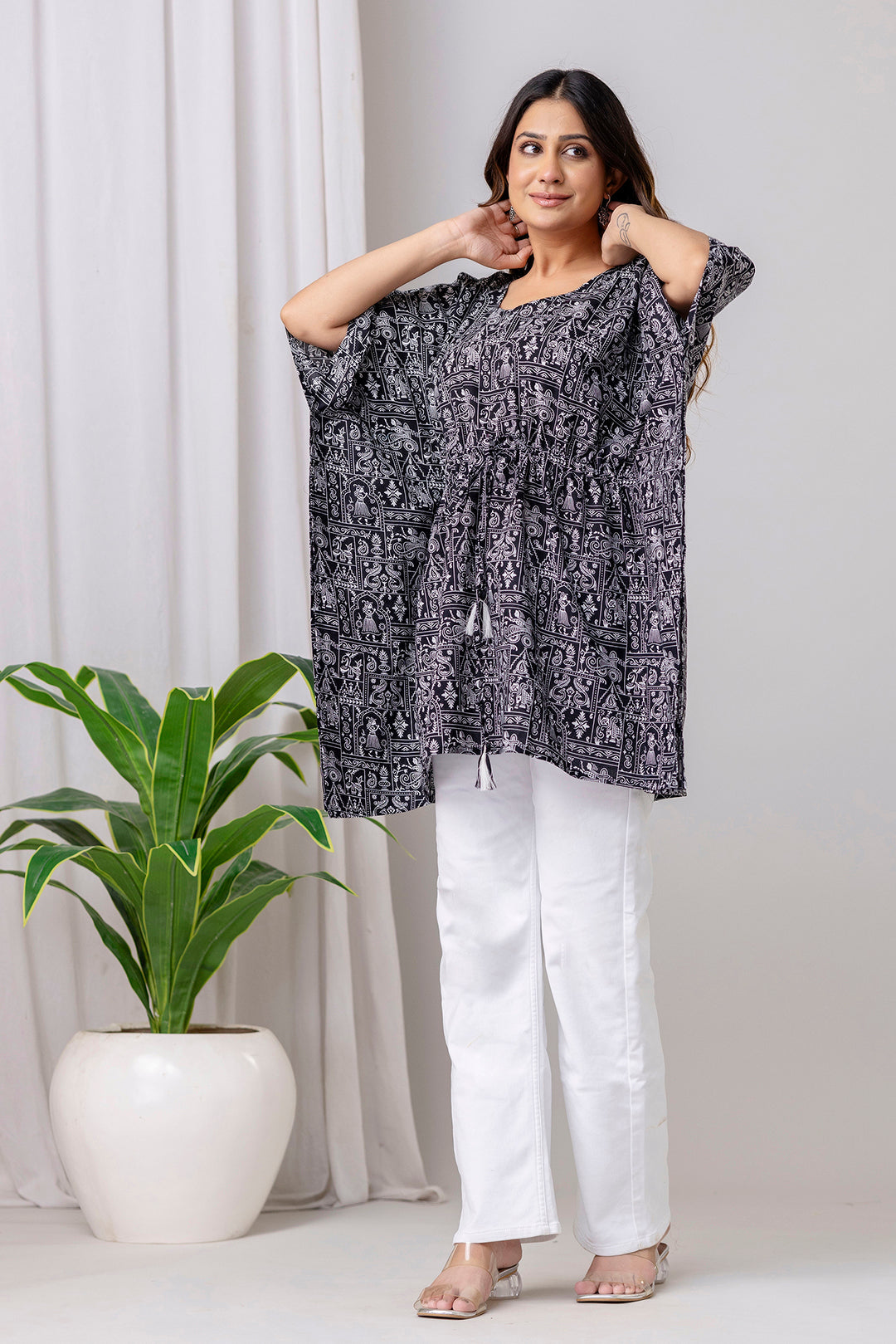 Black Printed Kaftan Kurta for Women | LASVINI - Redefining Indian Fashion with Elegance