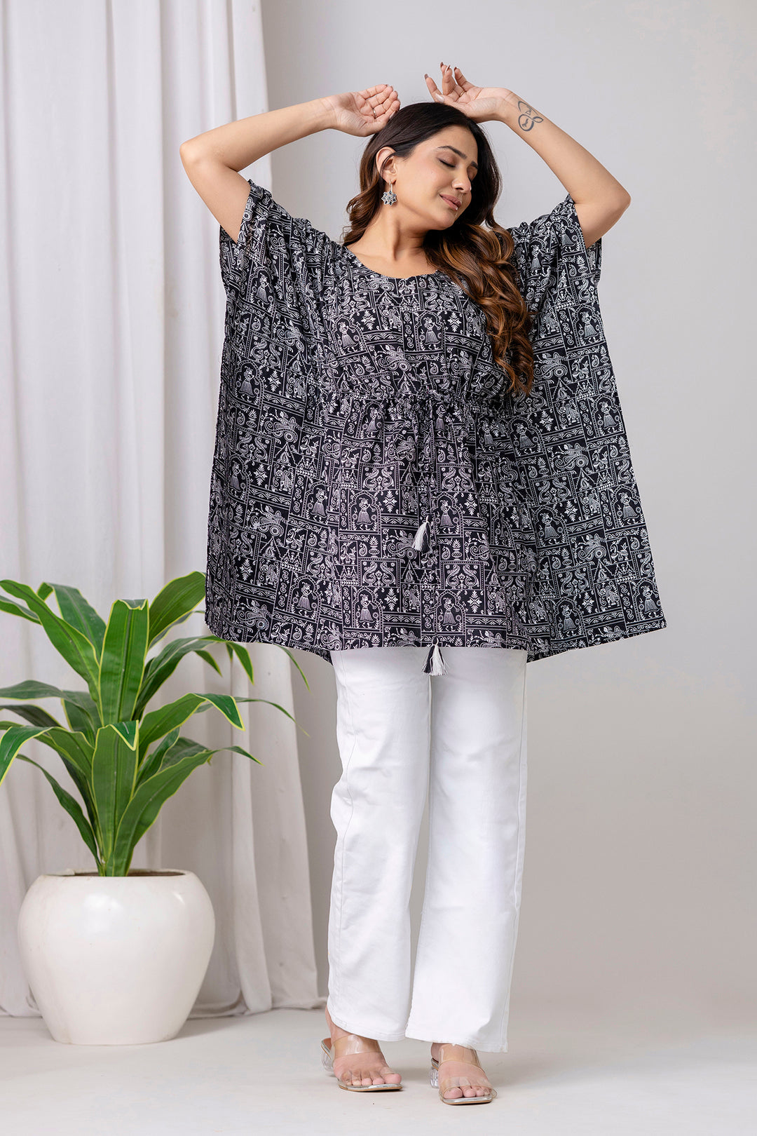 Black Printed Kaftan Kurta for Women | LASVINI - Redefining Indian Fashion with Elegance