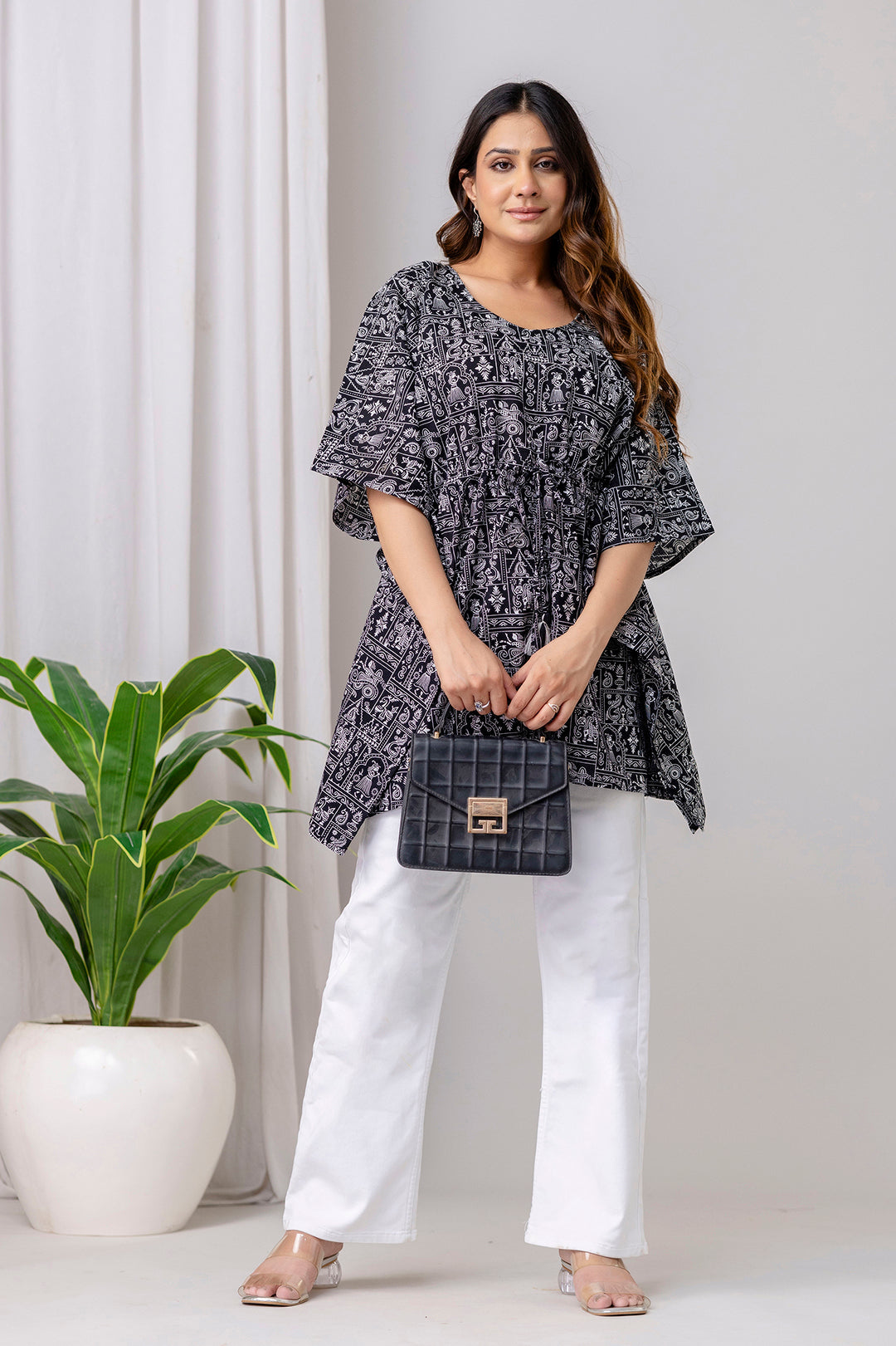Black Printed Kaftan Kurta for Women | LASVINI - Redefining Indian Fashion with Elegance