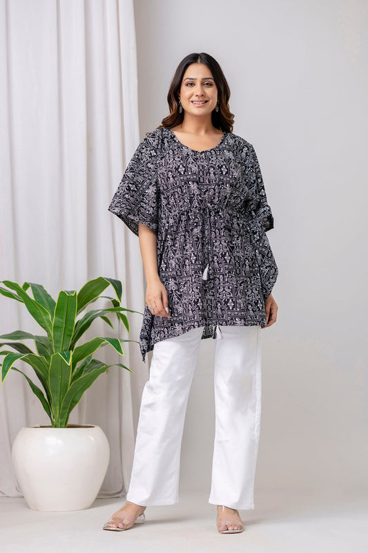 Black Printed Kaftan Kurta for Women | LASVINI - Redefining Indian Fashion with Elegance