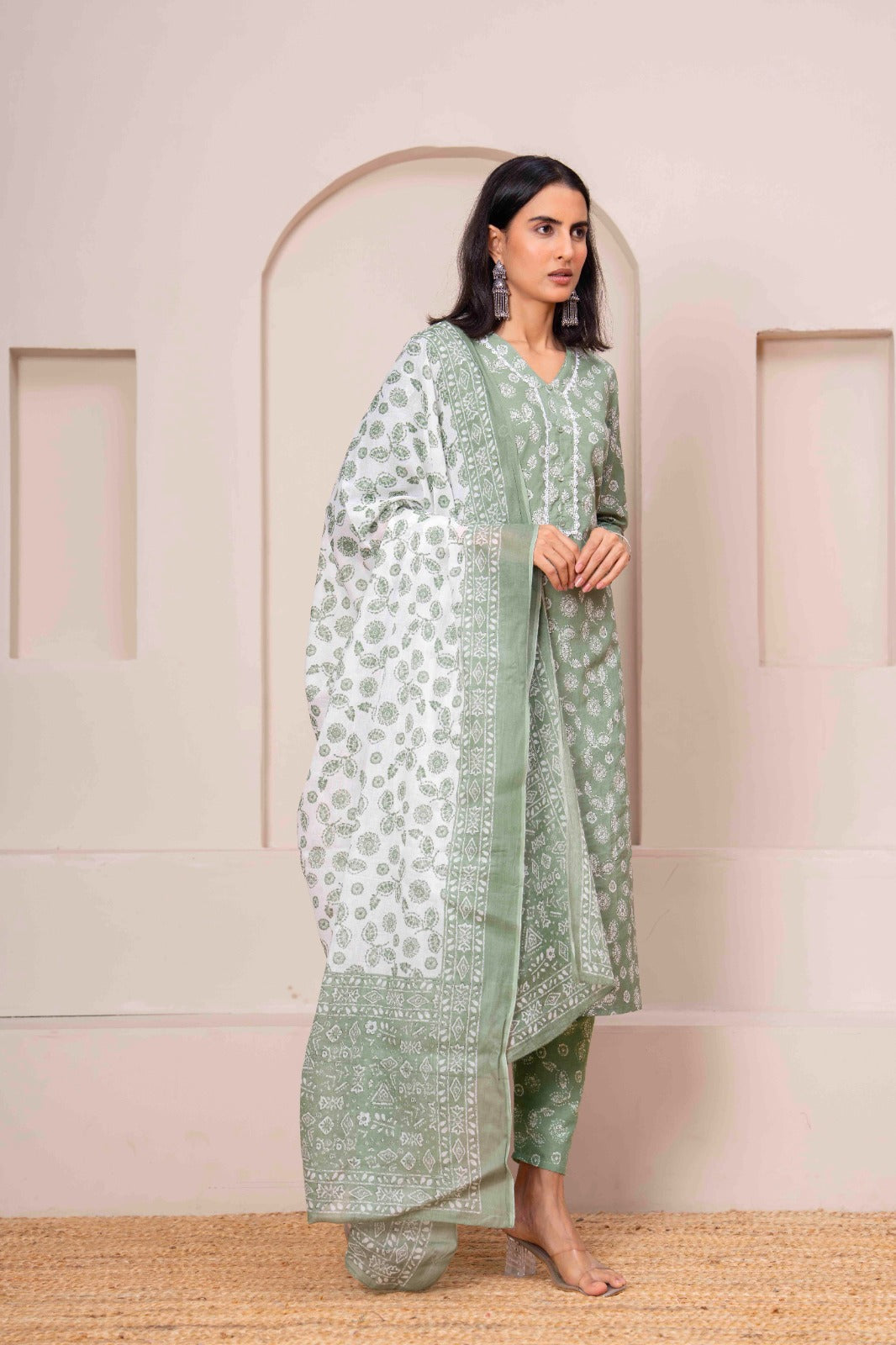 Green Printed Straight Kurta Set With Dupatta for Women | LASVINI - Redefining Indian Fashion with Elegance