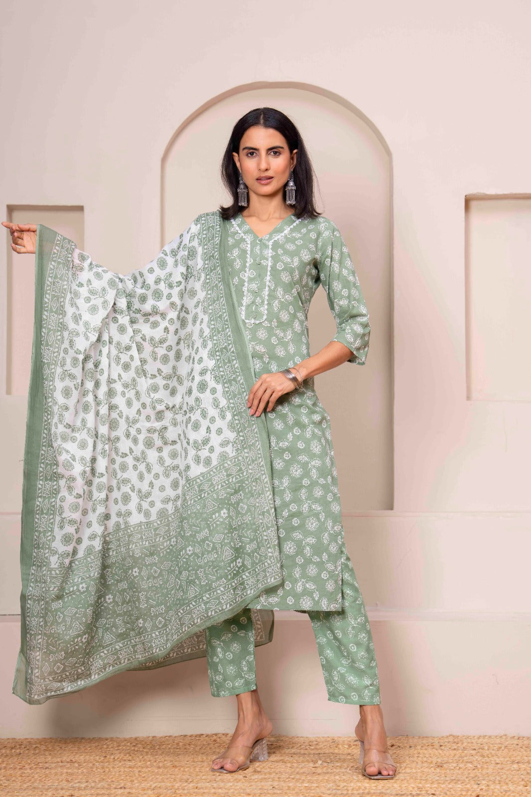 Green Printed Straight Kurta Set With Dupatta for Women | LASVINI - Redefining Indian Fashion with Elegance