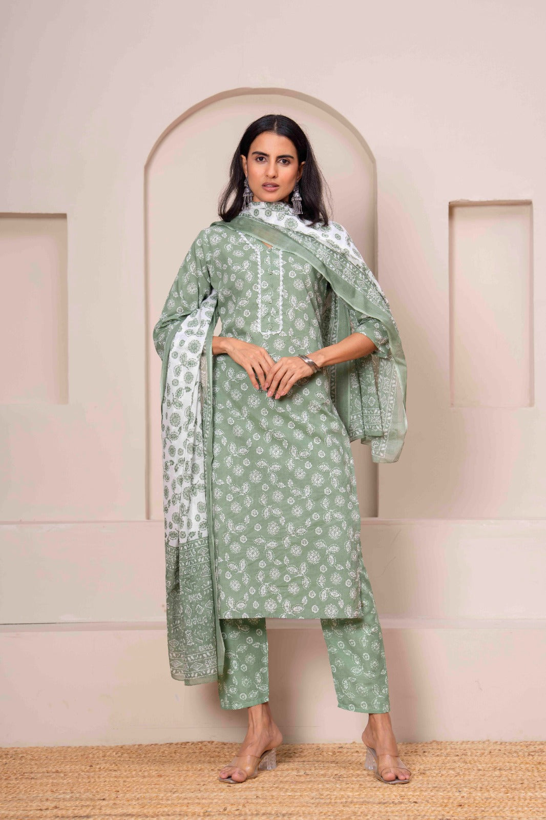 Green Printed Straight Kurta Set With Dupatta for Women | LASVINI - Redefining Indian Fashion with Elegance
