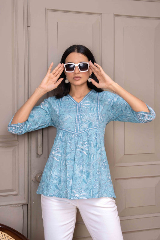Sky Blue Printed Top For Women | LASVINI - Redefining Indian Fashion with Elegance