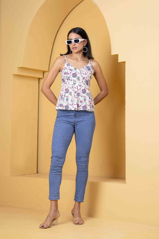 White Printed Sleeveless Top for Women | LASVINI - Redefining Indian Fashion with Elegance