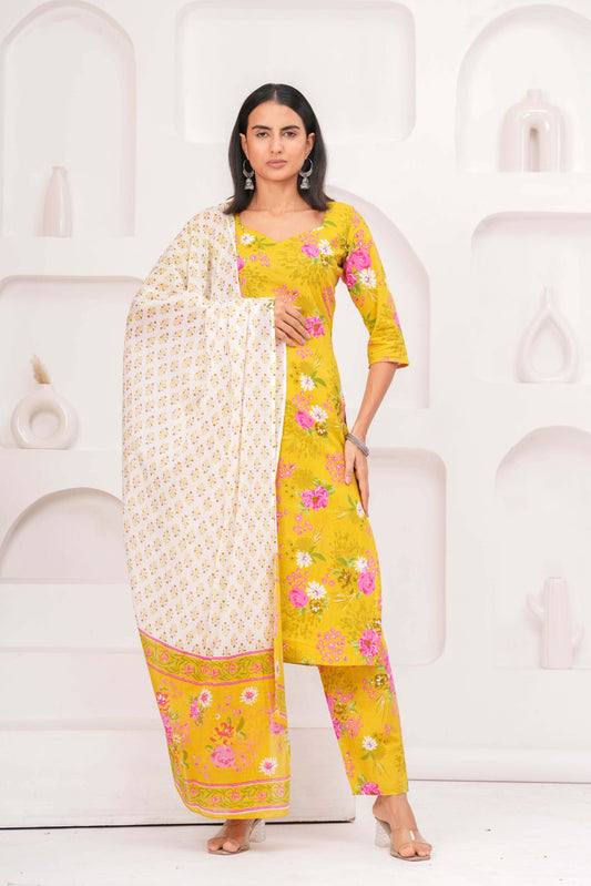 Yellow Printed Straight Kurta Set With Dupatta for Women | LASVINI - Redefining Indian Fashion with Elegance