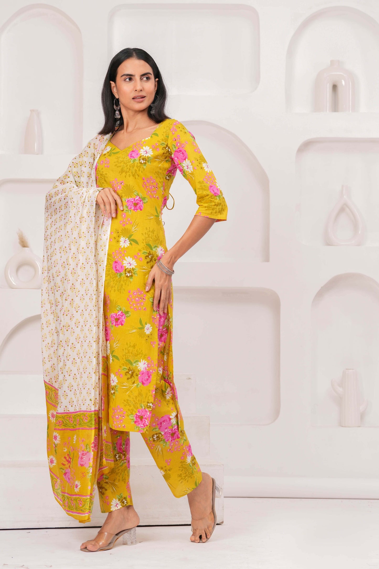 Yellow Printed Straight Kurta Set With Dupatta for Women | LASVINI - Redefining Indian Fashion with Elegance