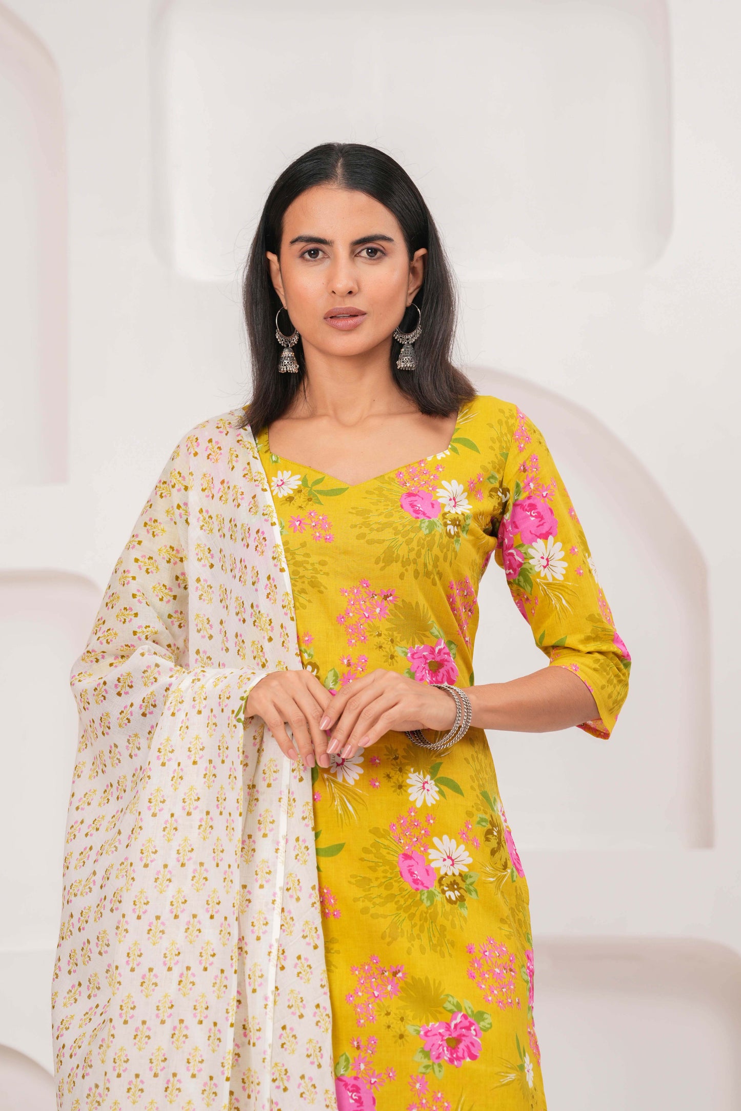 Yellow Printed Straight Kurta Set With Dupatta for Women | LASVINI - Redefining Indian Fashion with Elegance
