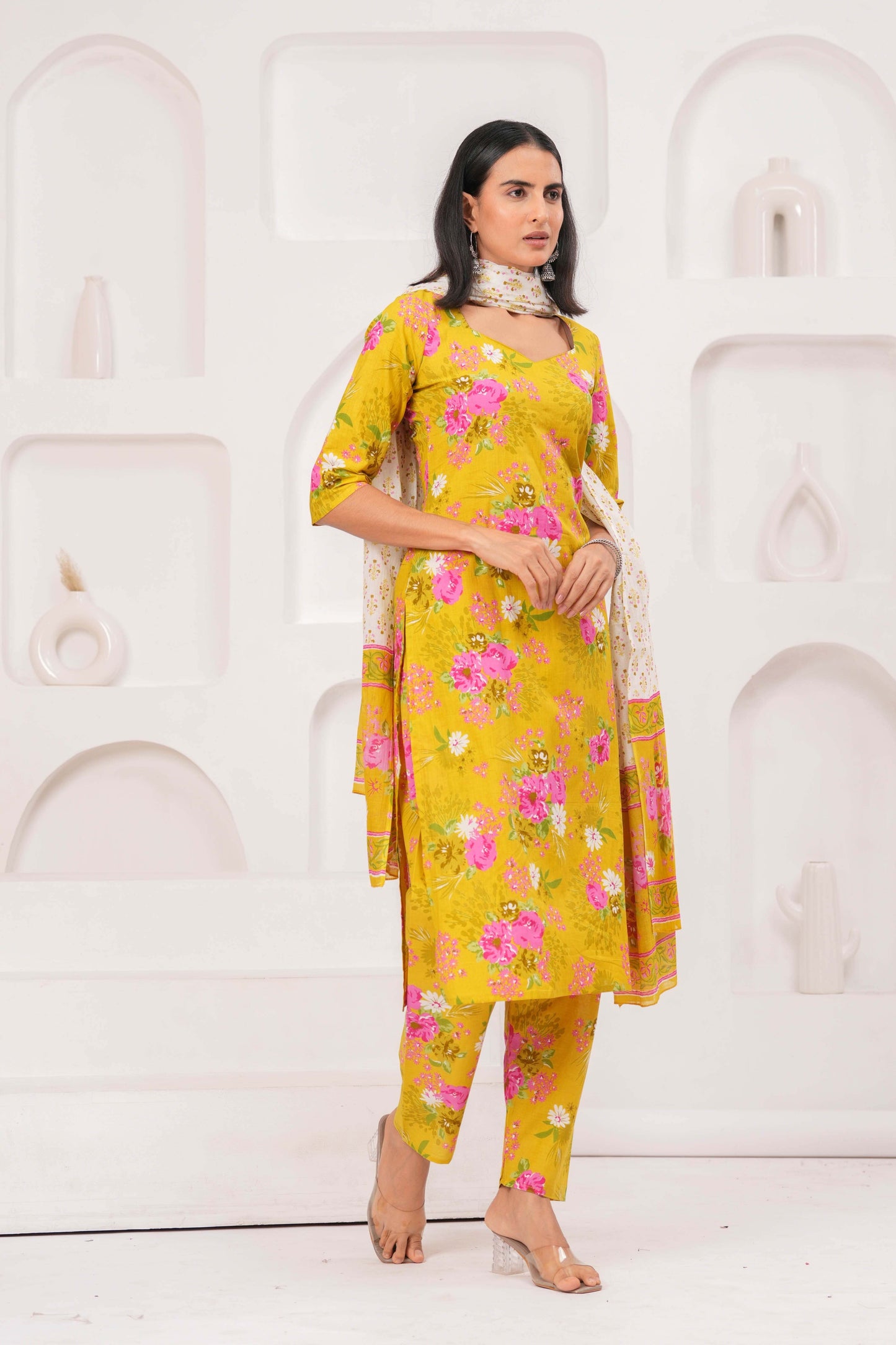 Yellow Printed Straight Kurta Set With Dupatta for Women | LASVINI - Redefining Indian Fashion with Elegance