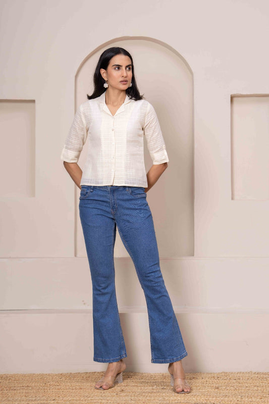 Cream Printed Straight Crop Top | LASVINI - Redefining Indian Fashion with Elegance