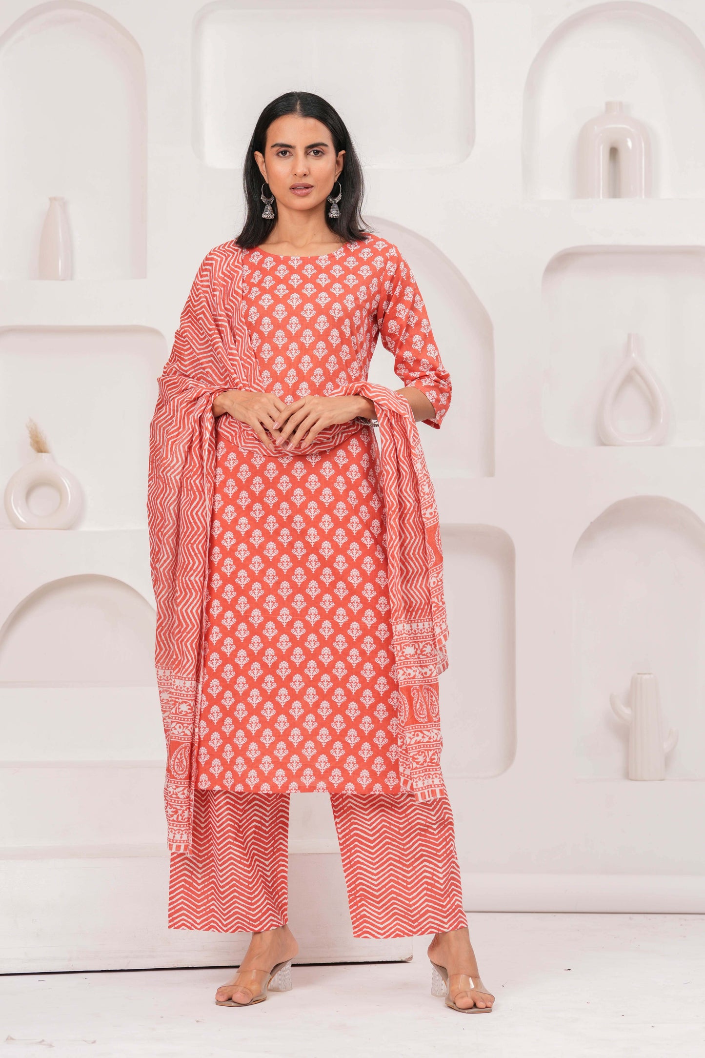 Rust Printed Straight Kurta Set With Dupatta for Women | LASVINI - Redefining Indian Fashion with Elegance