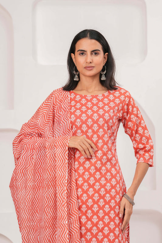 Rust Printed Straight Kurta Set With Dupatta for Women | LASVINI - Redefining Indian Fashion with Elegance