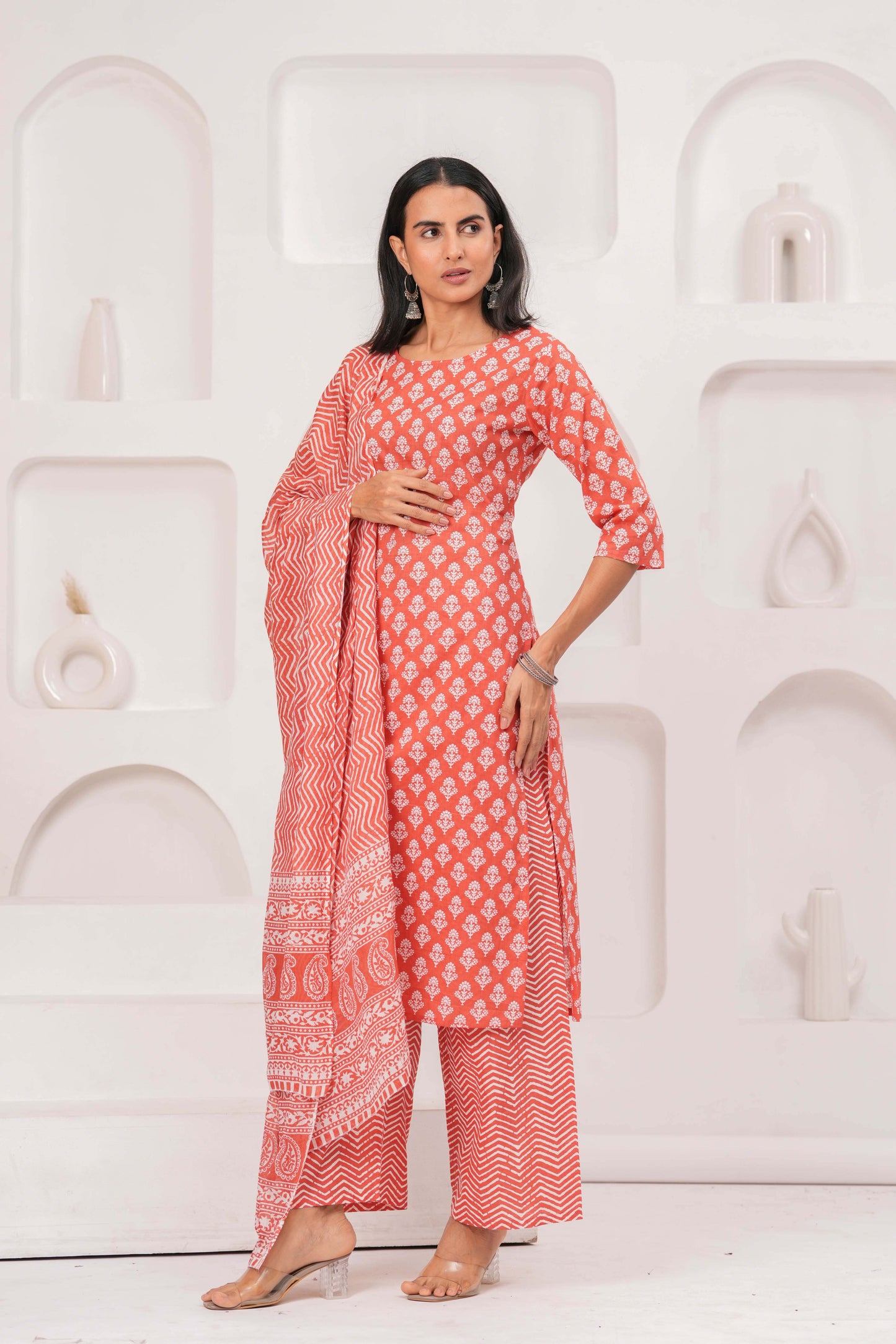 Rust Printed Straight Kurta Set With Dupatta for Women | LASVINI - Redefining Indian Fashion with Elegance