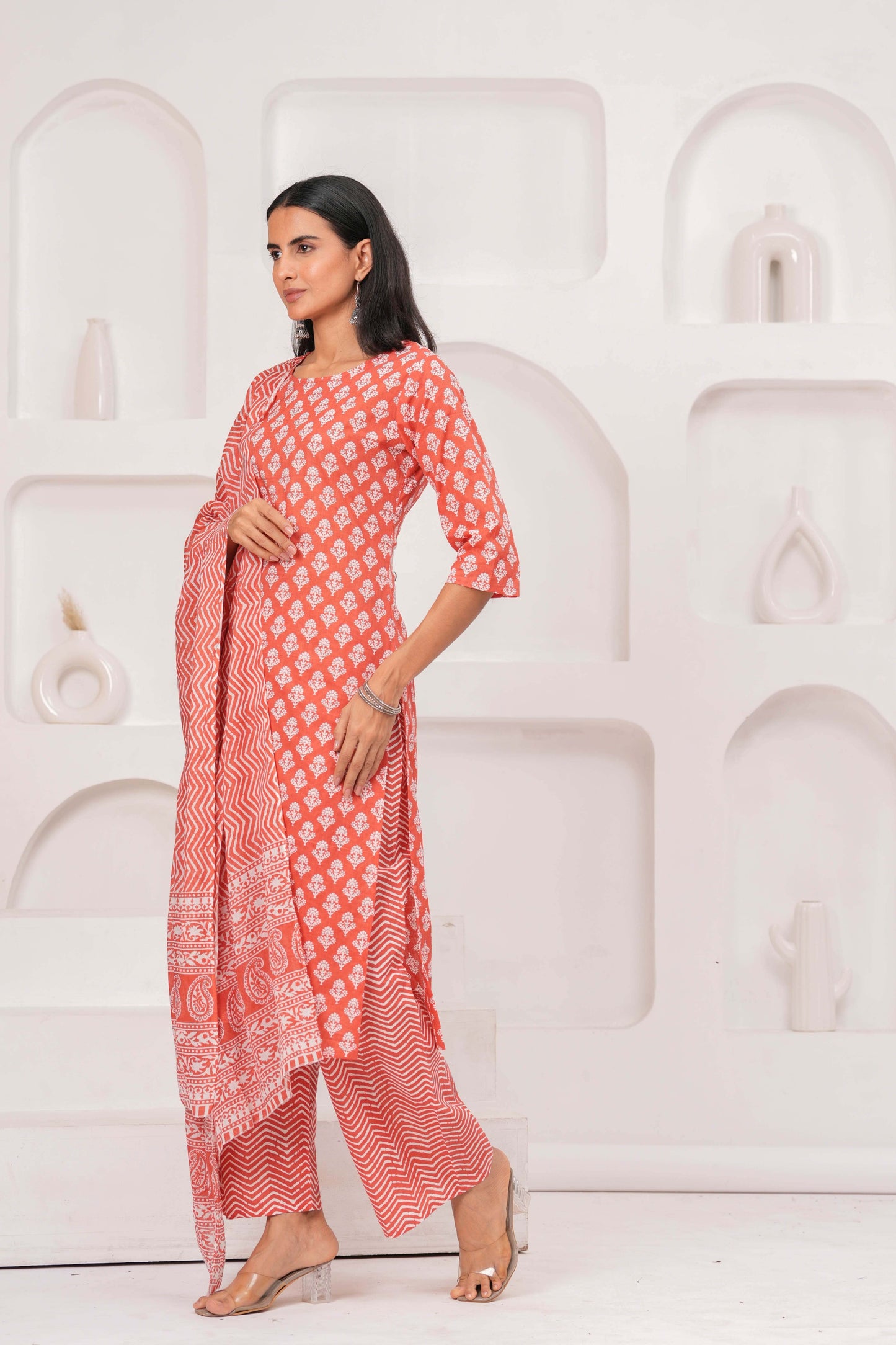 Rust Printed Straight Kurta Set With Dupatta for Women | LASVINI - Redefining Indian Fashion with Elegance