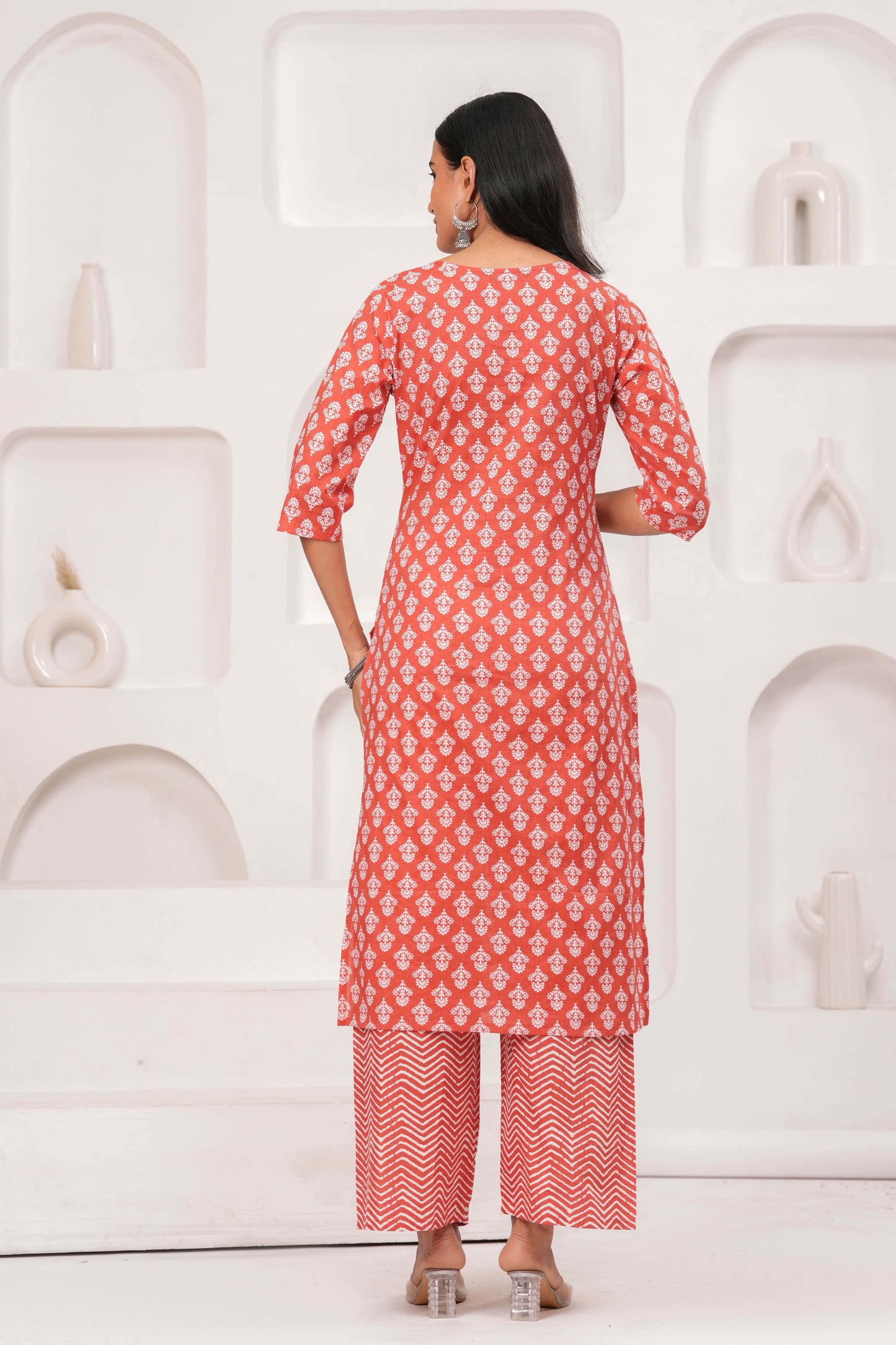 Rust Printed Straight Kurta Set With Dupatta for Women | LASVINI - Redefining Indian Fashion with Elegance