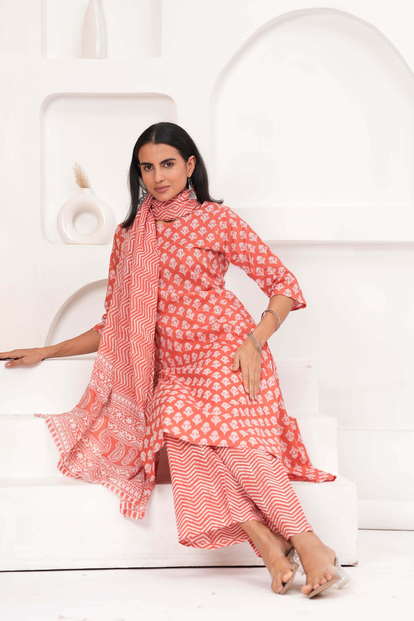 Rust Printed Straight Kurta Set With Dupatta for Women | LASVINI - Redefining Indian Fashion with Elegance