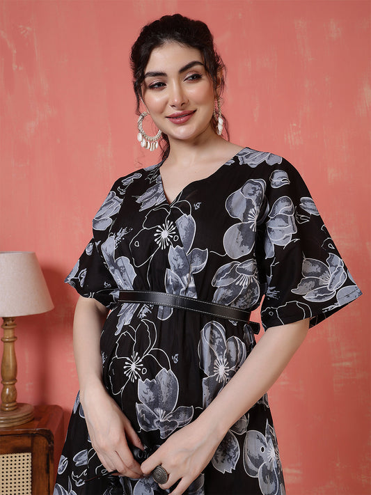 Black Floral Printed Dress for Women | LASVINI - Redefining Indian Fashion with Elegance