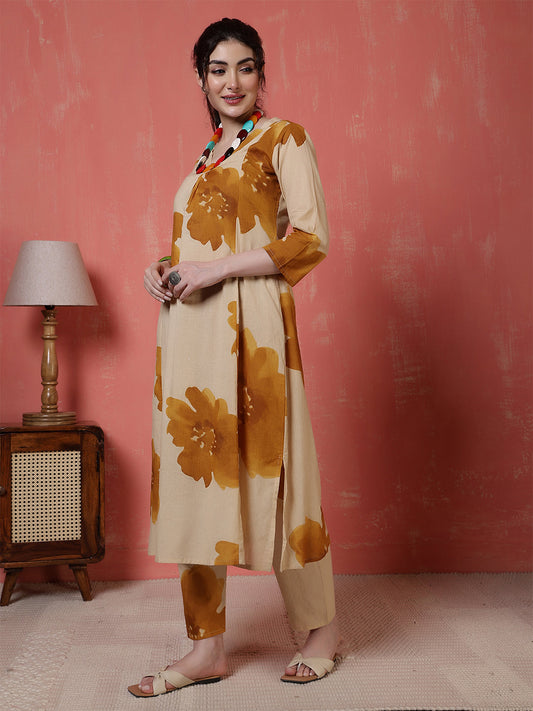 Beige Floral Printed Co-Ord Set for Women | LASVINI - Redefining Indian Fashion with Elegance