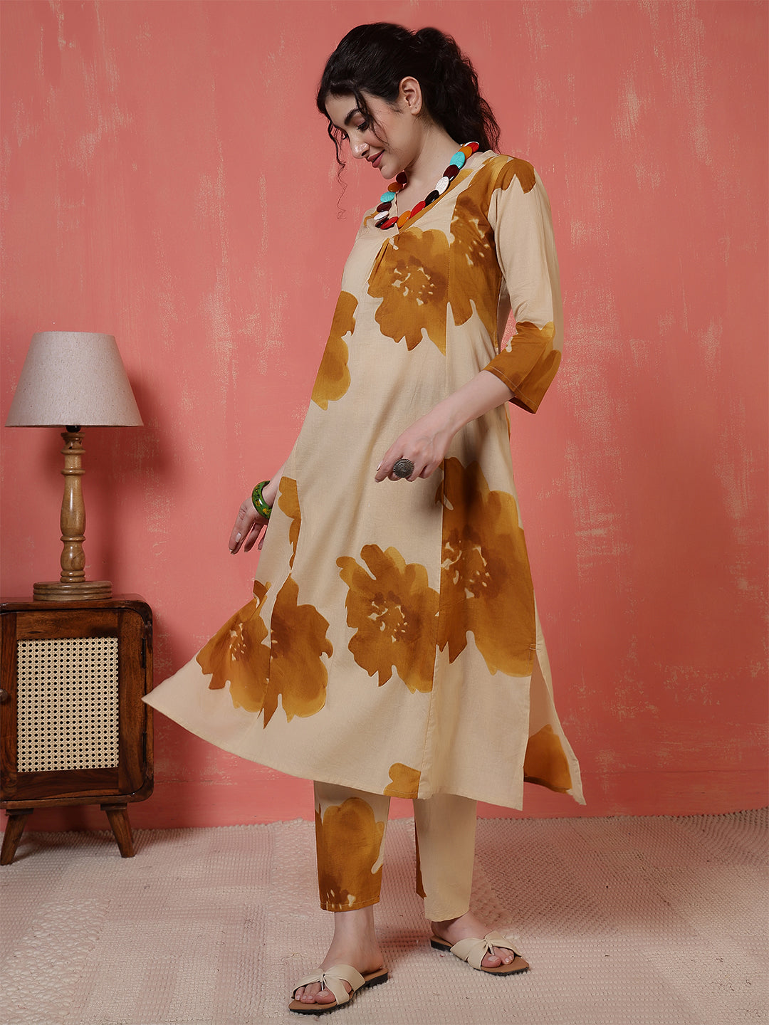 Beige Floral Printed Co-Ord Set for Women | LASVINI - Redefining Indian Fashion with Elegance