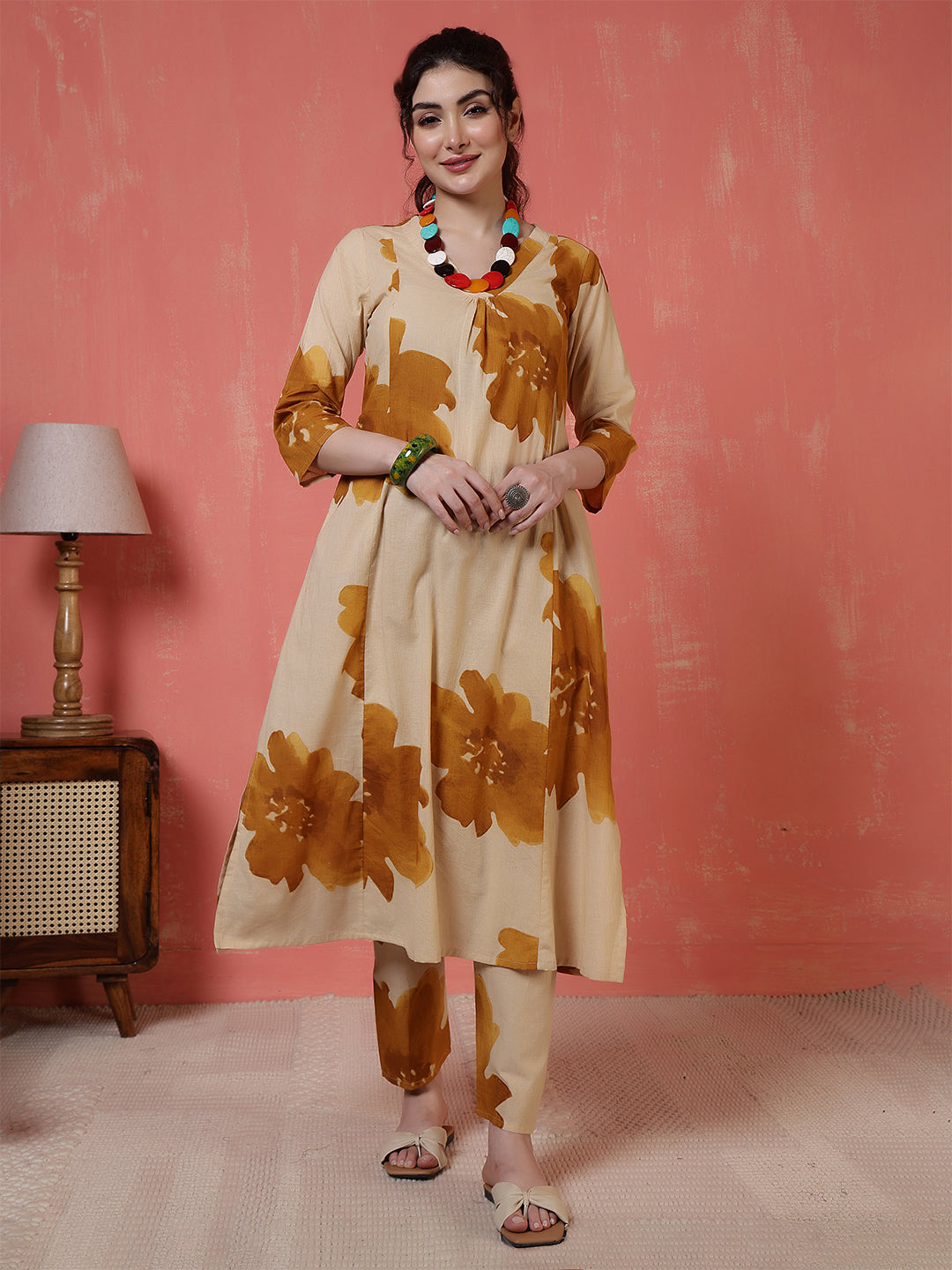 Beige Floral Printed Co-Ord Set for Women | LASVINI - Redefining Indian Fashion with Elegance