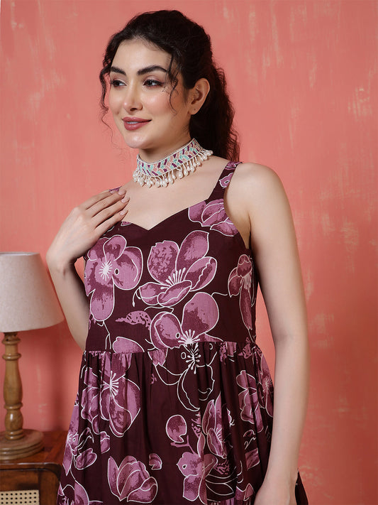 Burgundy Floral Printed Dress for Women | LASVINI - Redefining Indian Fashion with Elegance